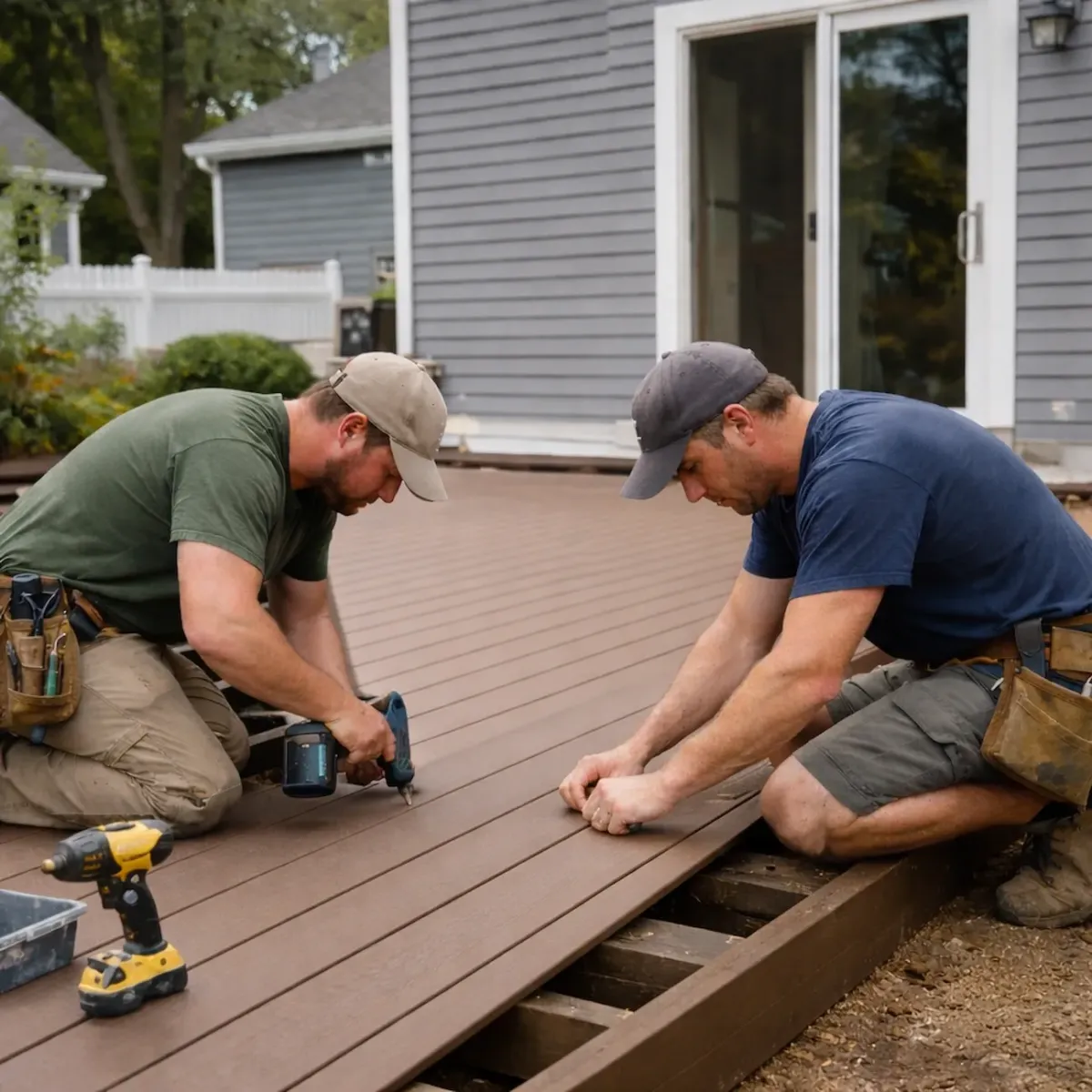 Professional deck builders replacing decking boards on a custom composite deck in Beverly, Massachusetts