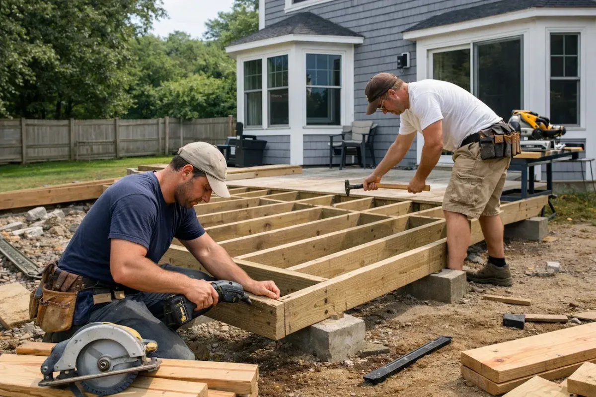 Professional patio to deck transformation framing a custom wood deck foundation at a residential home in Beverly, MA