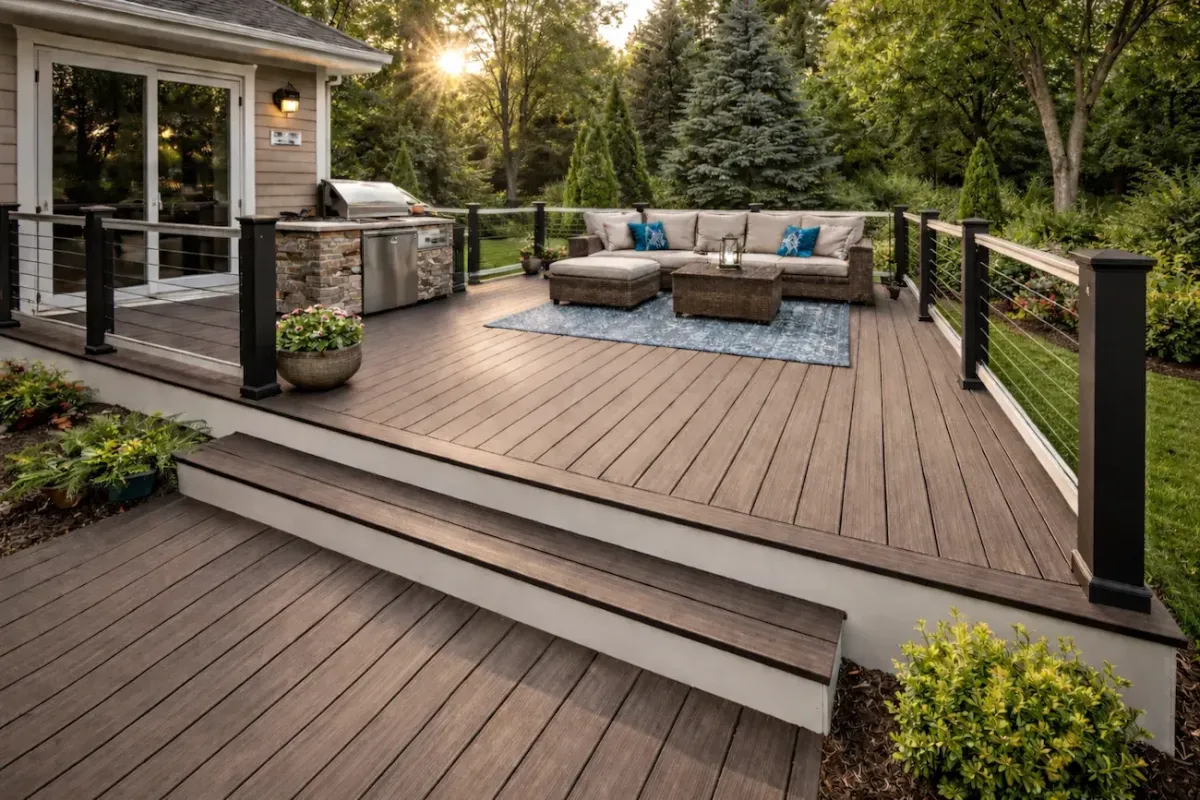 Experienced deck contractors building a low-maintenance composite deck with steps and railing in Beverly MA
