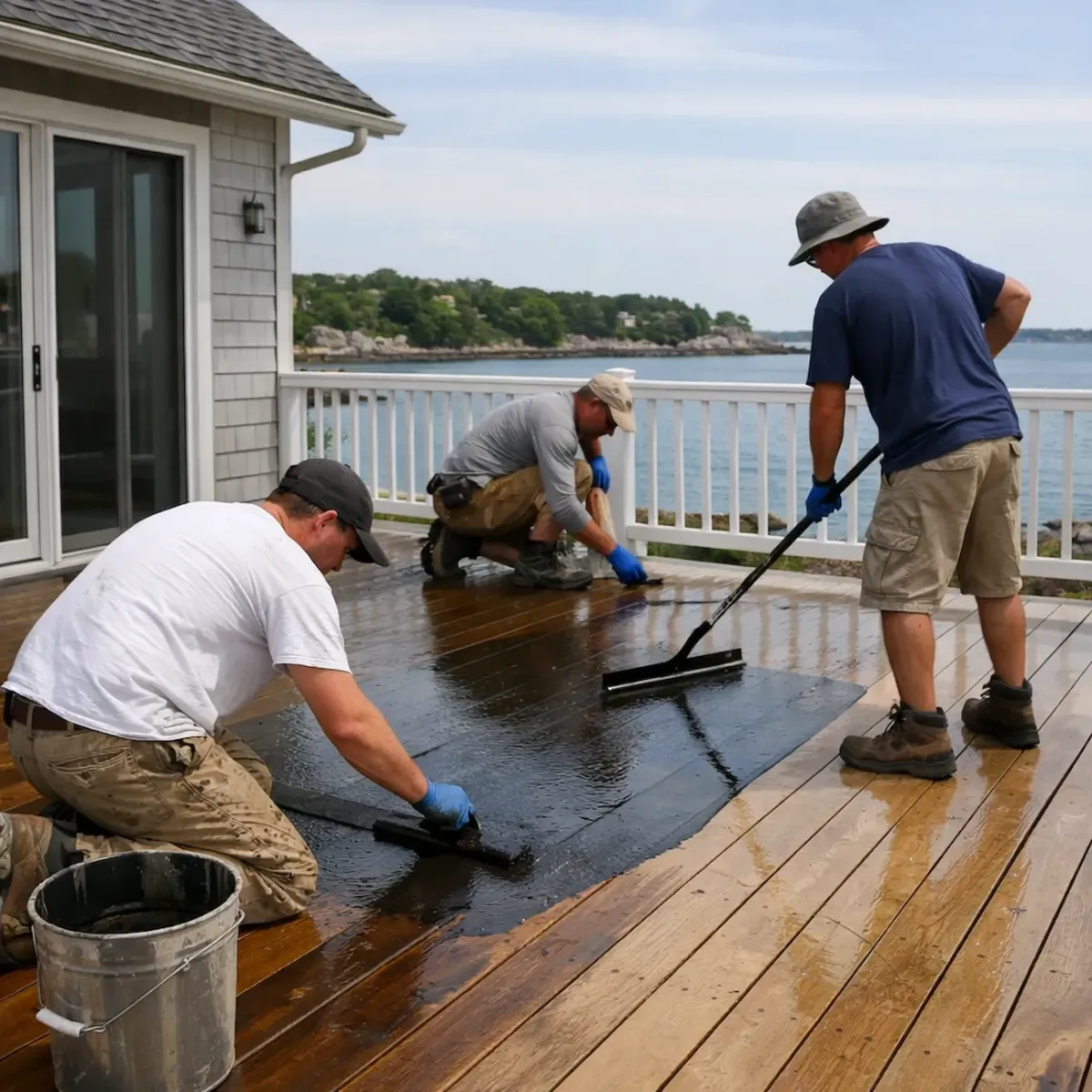 Professional deck contractors staining and waterproof sealing a waterfront wood deck at a residential home in Beverly, MA