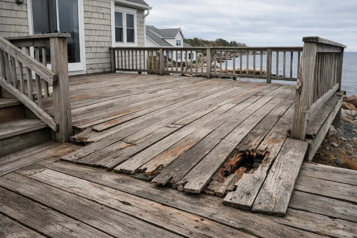 Damaged wood deck in Beverly MA showing rotting boards and structural wear in need of professional deck repair services