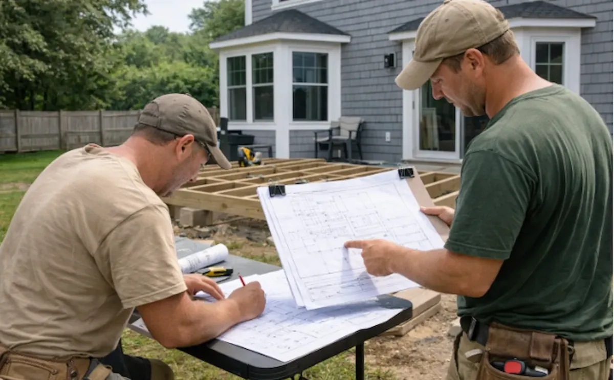 Professional deck builders reviewing deck plans and permit requirements during a residential deck project in Beverly, MA.