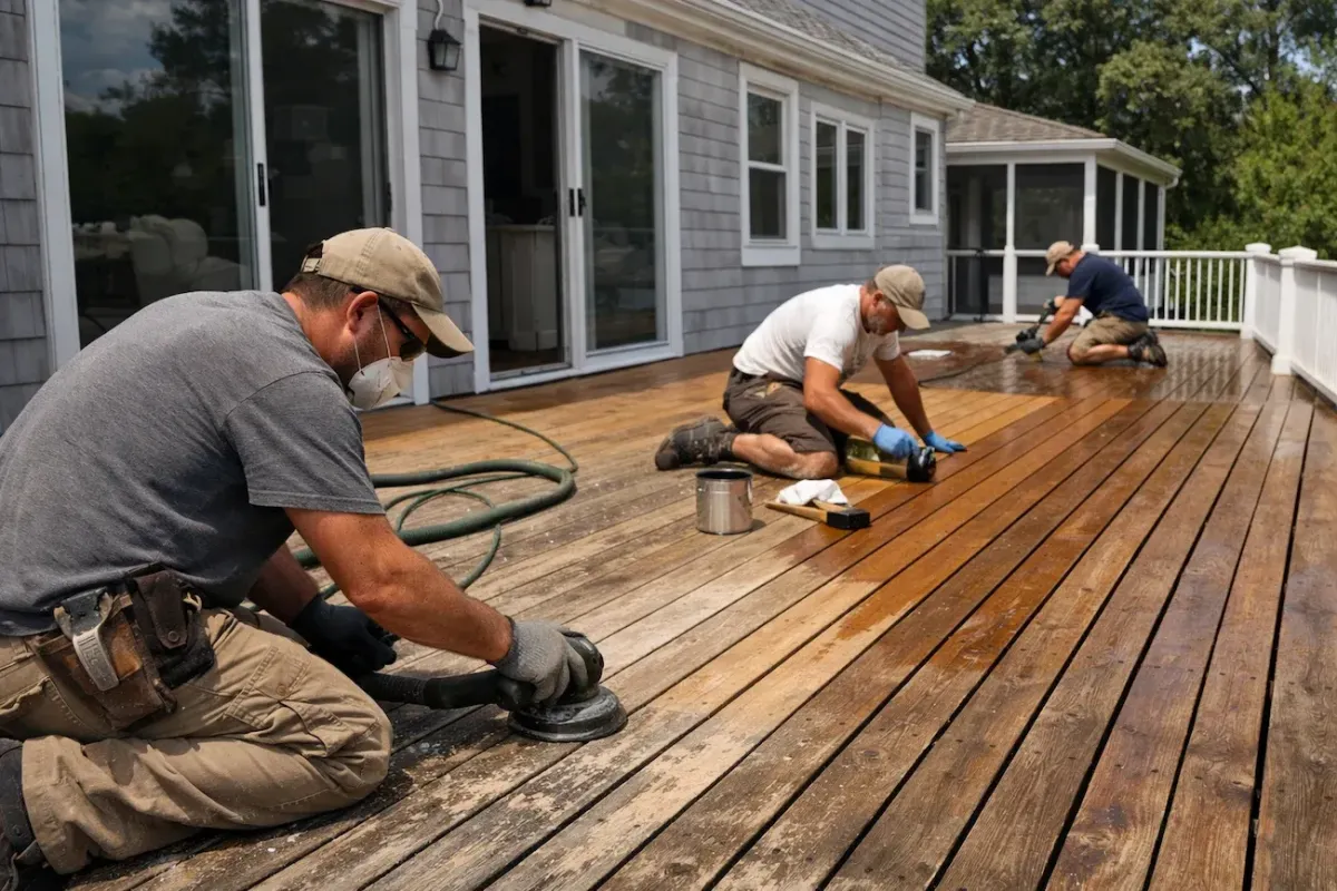 Deck restoration in progress with experienced contractors refinishing a residential wood deck in Beverly, Massachusetts