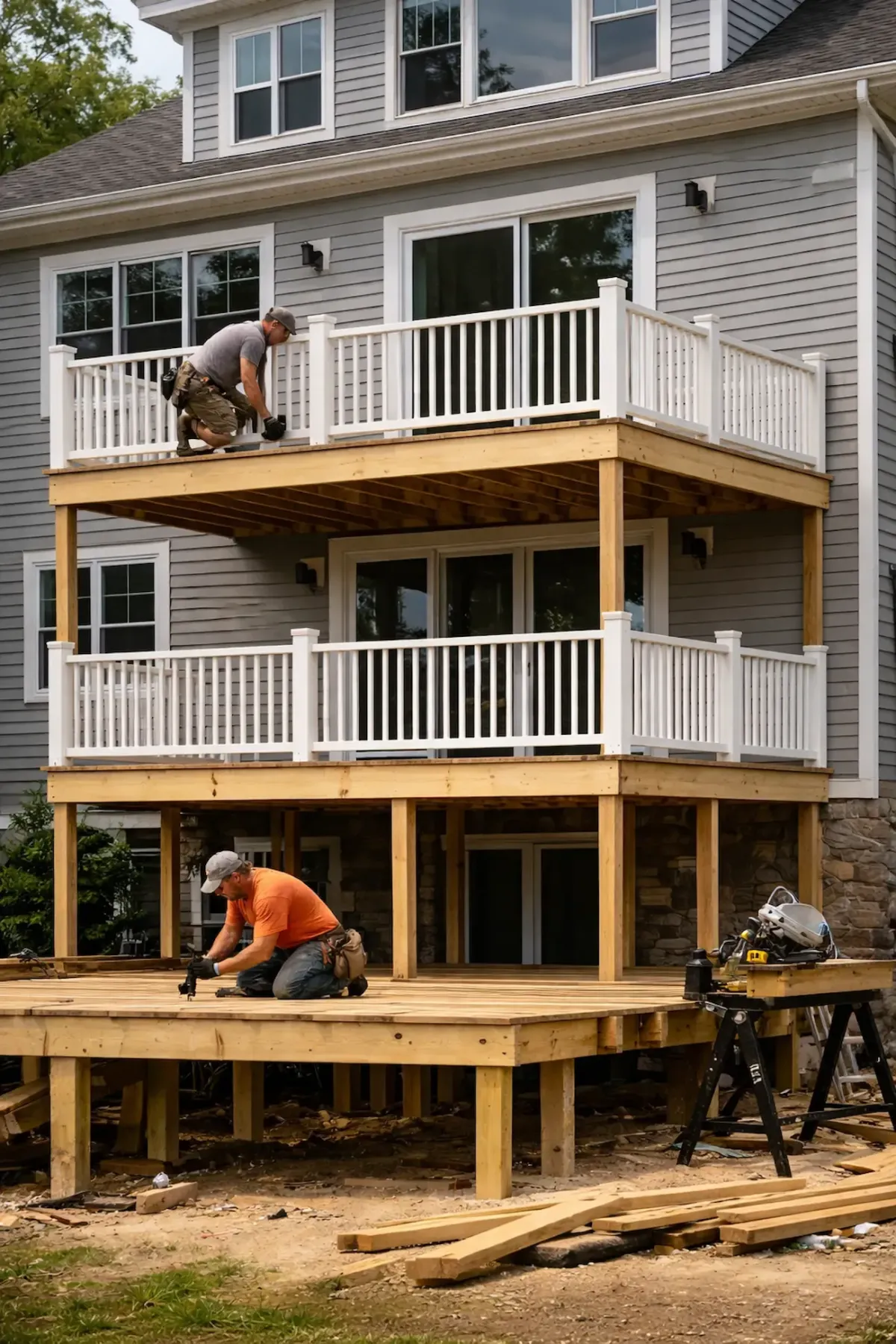 Professional deck builders constructing a multi-level custom wood deck with railings at a residential home in Beverly, MA.