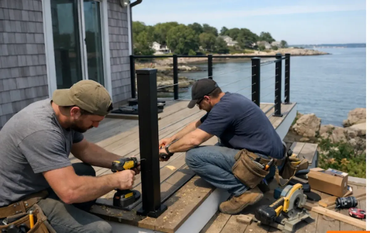 Custom deck railing installation with cable railing system on a coastal home deck in Beverly, Massachusetts.