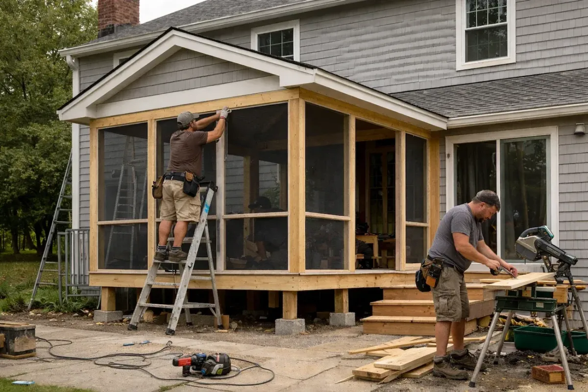Professional deck builders constructing a screened-in porch enclosure at a residential home in Beverly, MA.