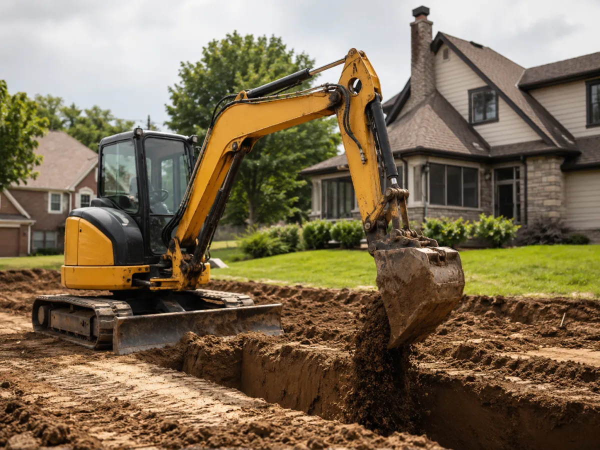 Compact excavator digging foundation trench in Milwaukee by Pro Partners Remodeling