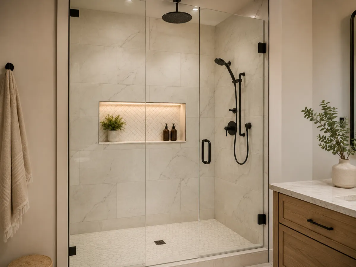 Modern walk-in shower with tile and rain head by Pro Partners Remodeling