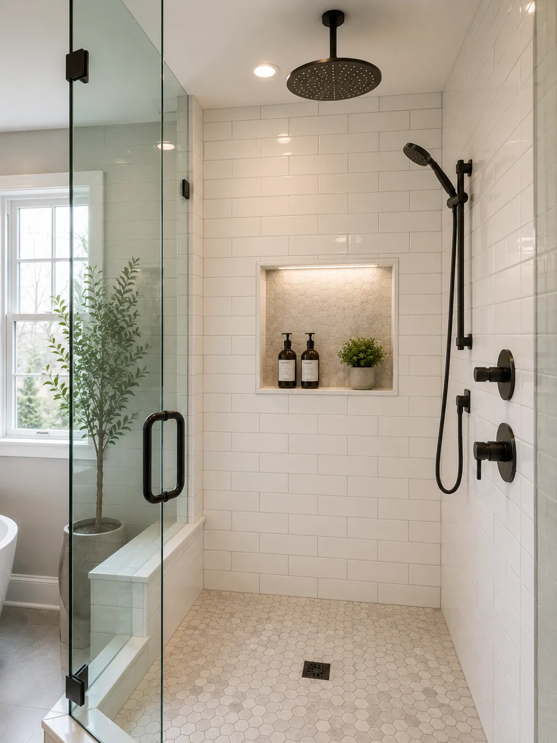 Walk-in shower with rain showerhead by Pro Partners Remodeling Milwaukee
