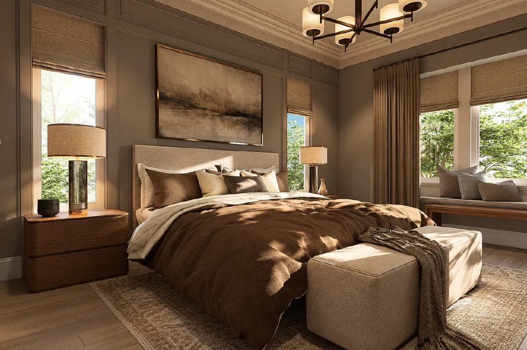 Masculine bedroom design by The Masculine Home with an upholstered bed, window seat and warm layered lighting