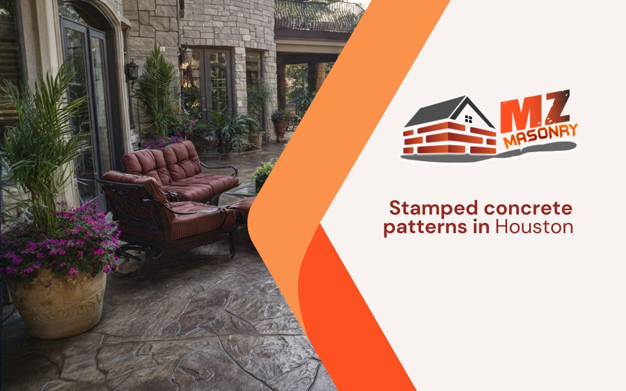 Stamped concrete patterns in Houston patio with stone texture