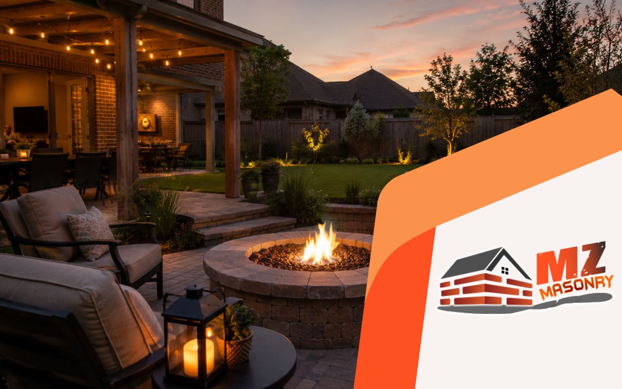 fire pit ideas in Fresno TX with a brick fire pit and patio seating