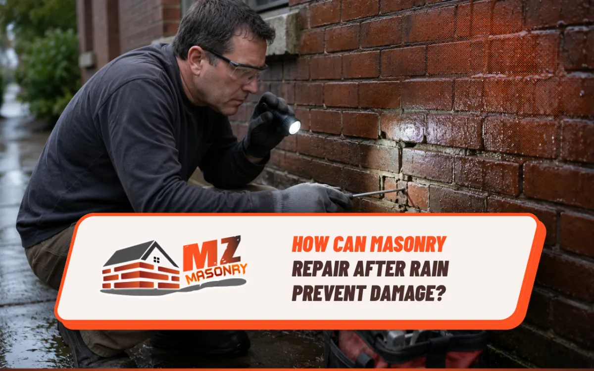 Masonry repair after rain inspection on a damaged brick wall