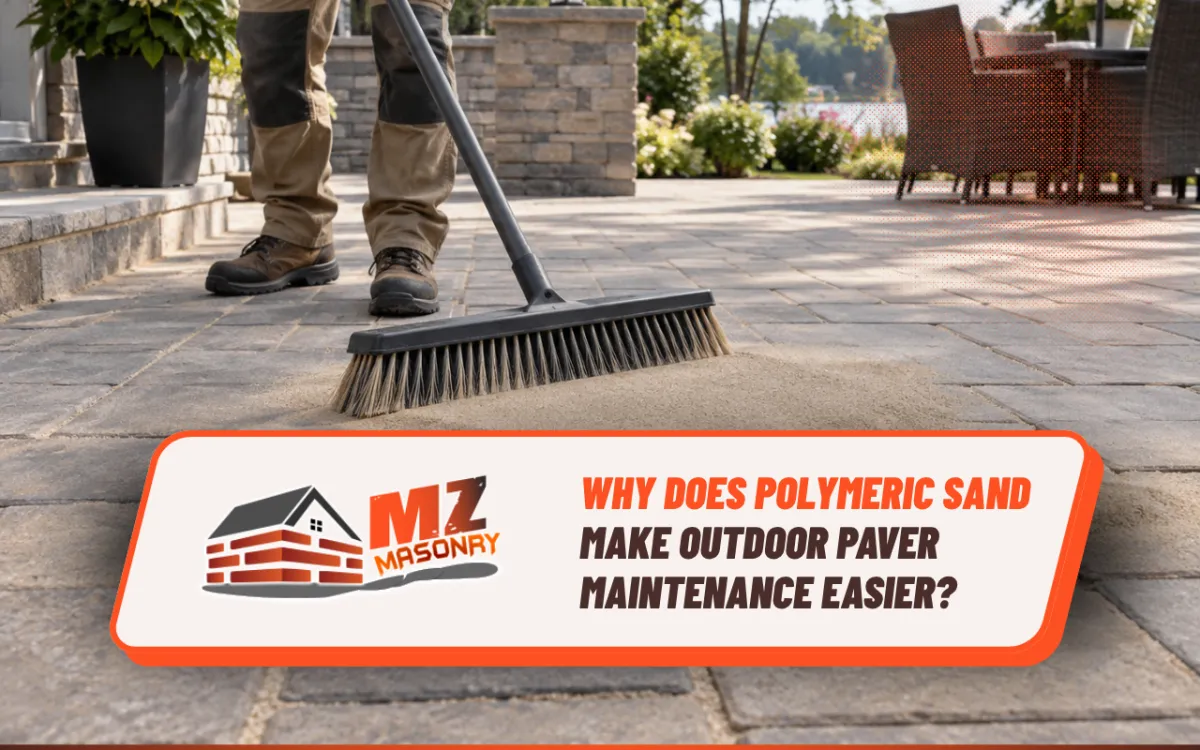 Polymeric sand filling clean paver joints on an outdoor patio