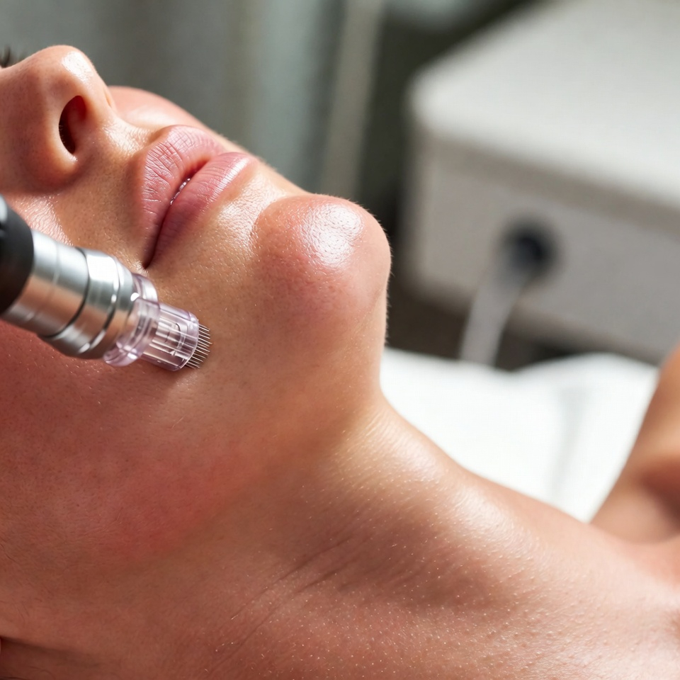 Rostro de mujer aplicandose un dermapen facial