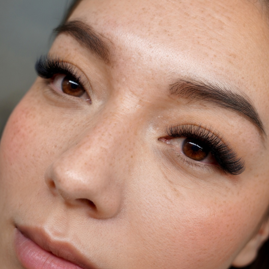 Rostro de mujer con Extensiones de pestañas de volumen naturales y uniformes