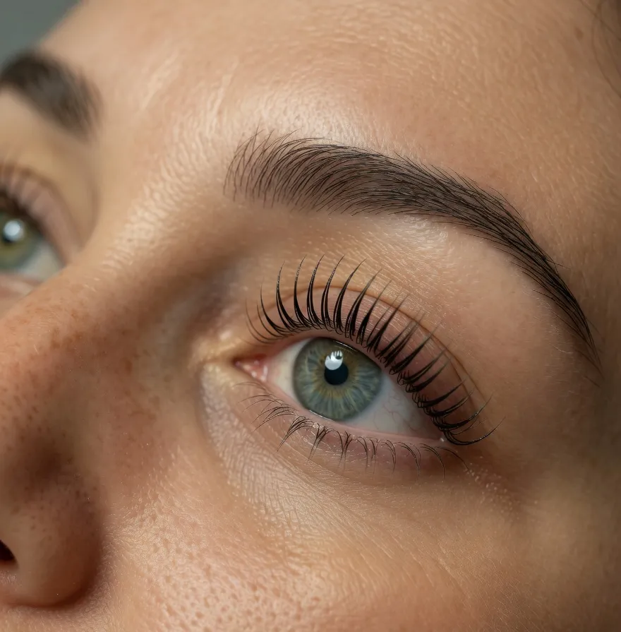 Ojo de perfil que muestra el resultado natural, de un tratamiento de lifting de pestañas coreano