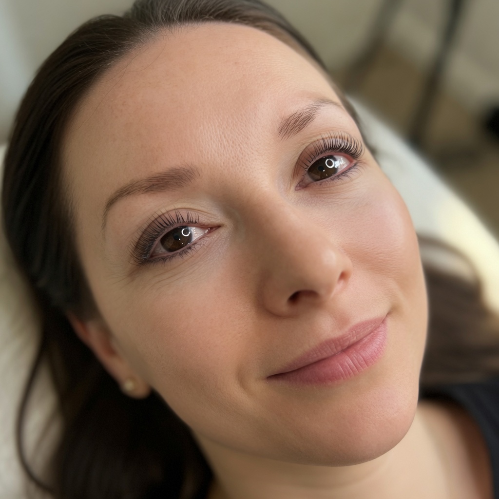 Rostro de una mujer que muestra el resultado de un lifting de pestañas 