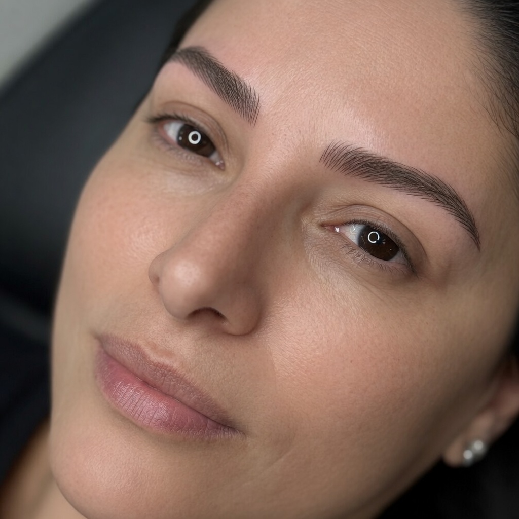 Rostro de mujer que muestra resultado de unas cejas tatuadas pelo a pelo