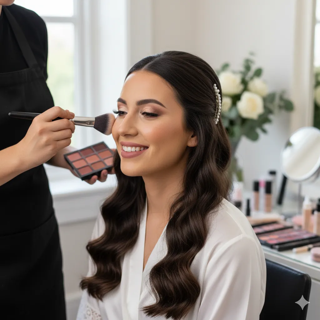 Maquilladora aplicando rubor a su cliente