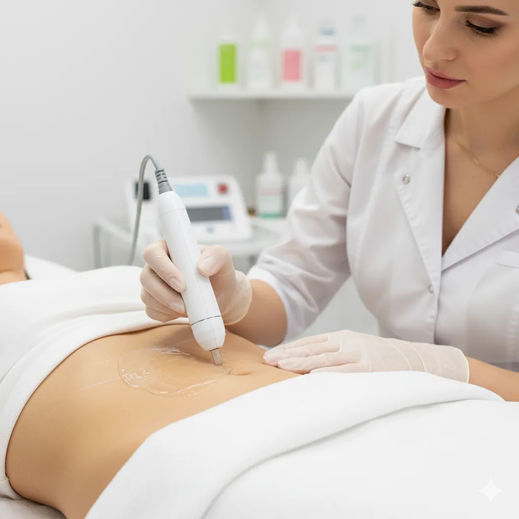 Esteticista haciendo microneedling corporal