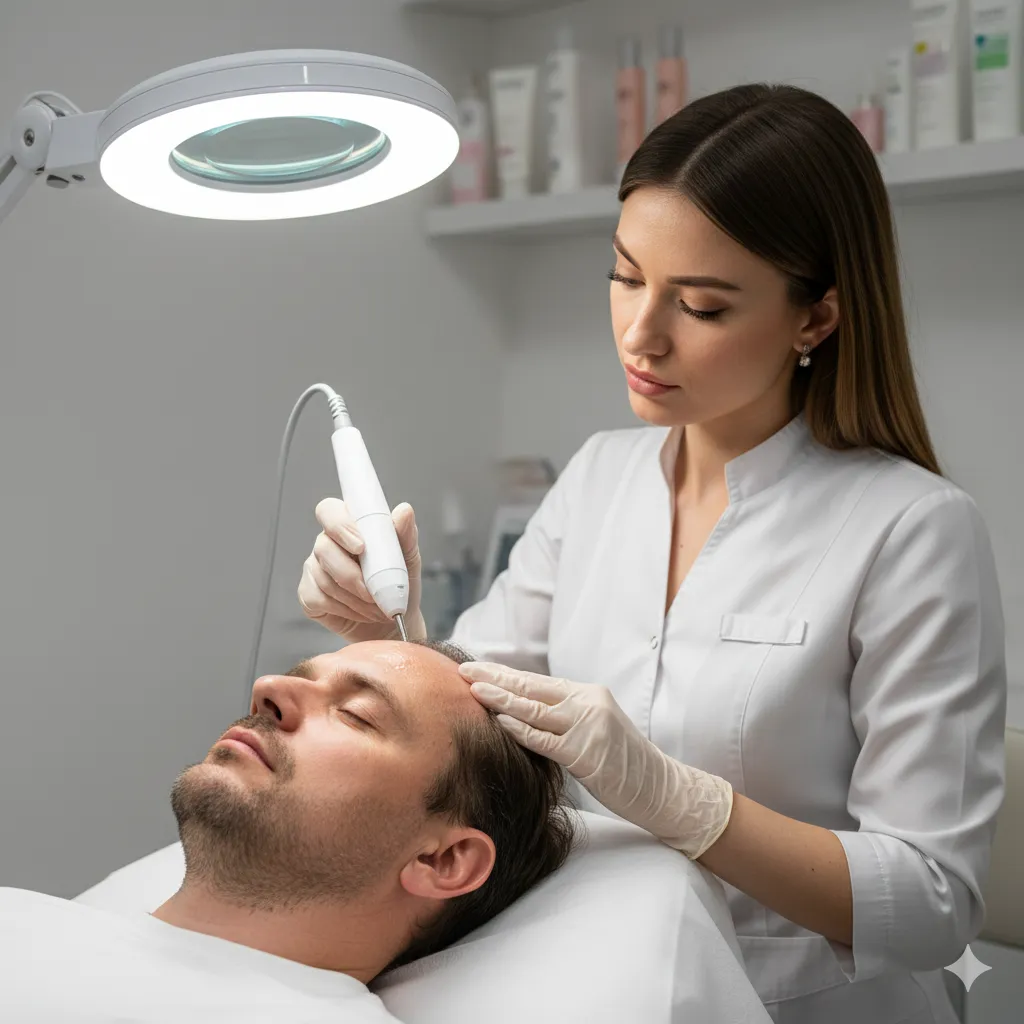 Hombre haciendose dermapen capilar en una estetica