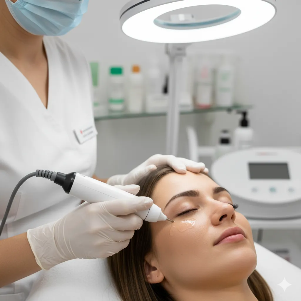 Esteticista haciendo dermapen en ojeras al rostro de una mujer