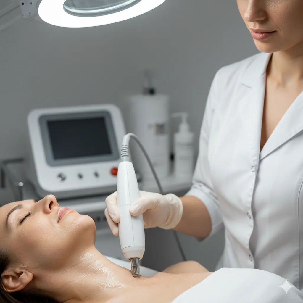 Mujer haciendose un tratamiento en el cuello de dermapen 