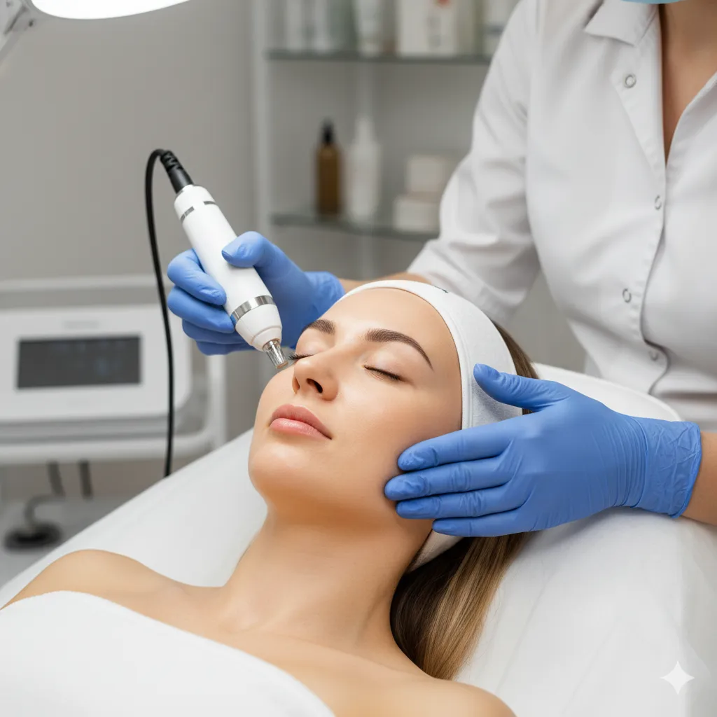 Esteticista haciendo tratamiento de microneedling facial