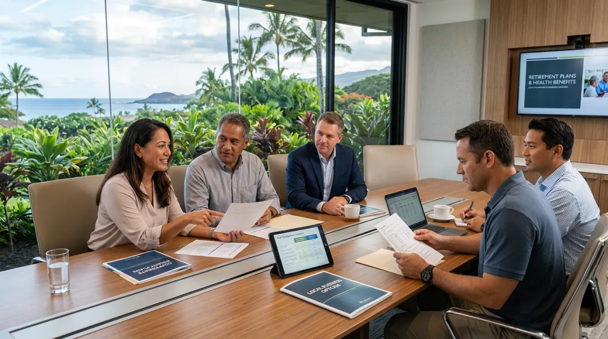 Corporate legal counsel reviewing employee benefit compliance documents in executive office