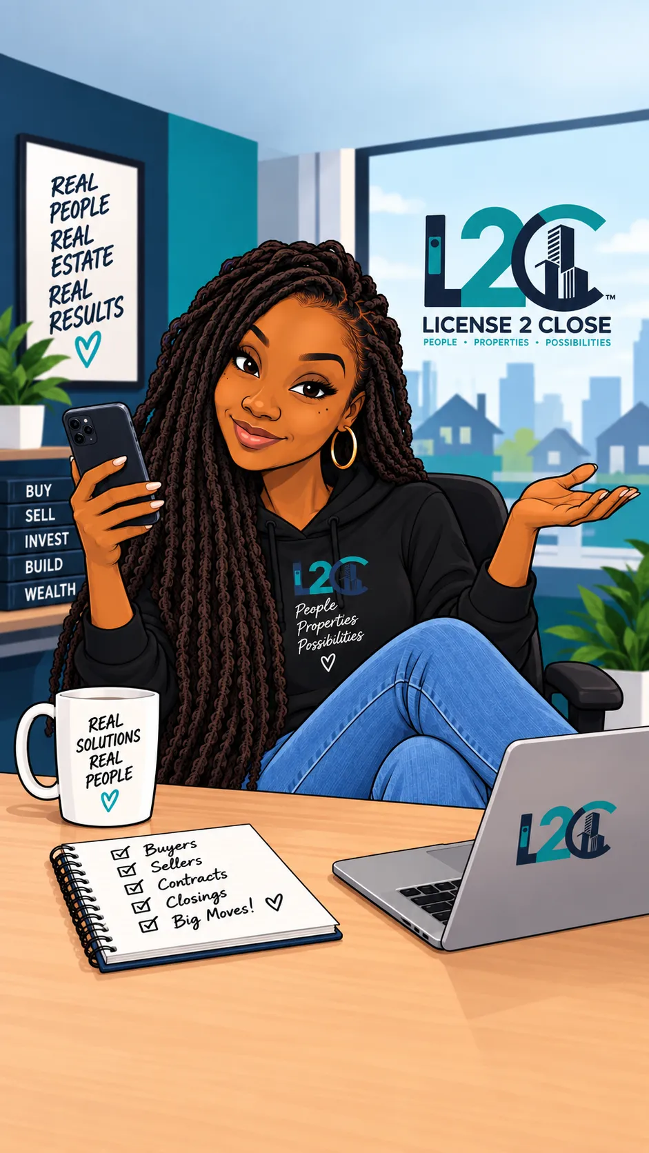 License 2 Close’s illustrated owner sits at a desk with a home-sale checklist, laptop and phone.