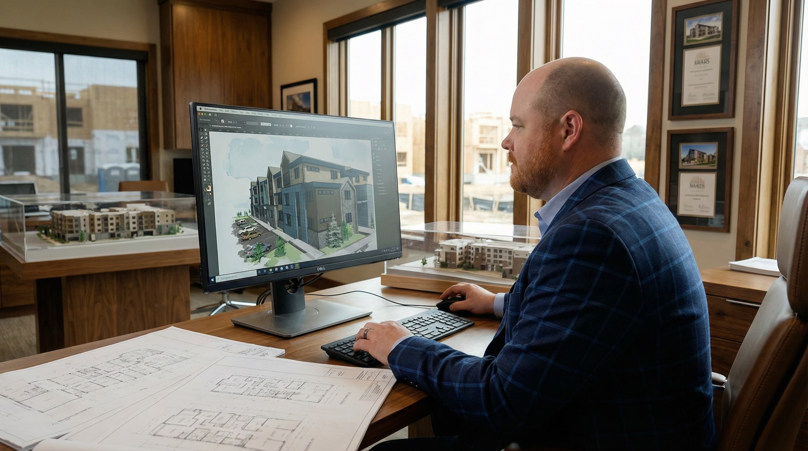 Joe, developer on his computer, side view, in a housing development office, looking at screen showing the Galena project