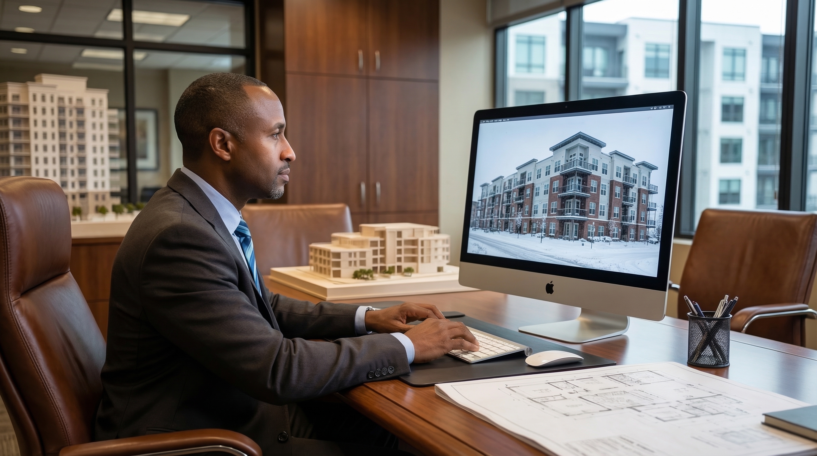 Sean, as a developer on his computer, side view, in a housing development office, looking at screen showing the Nonprofit Finance Funds