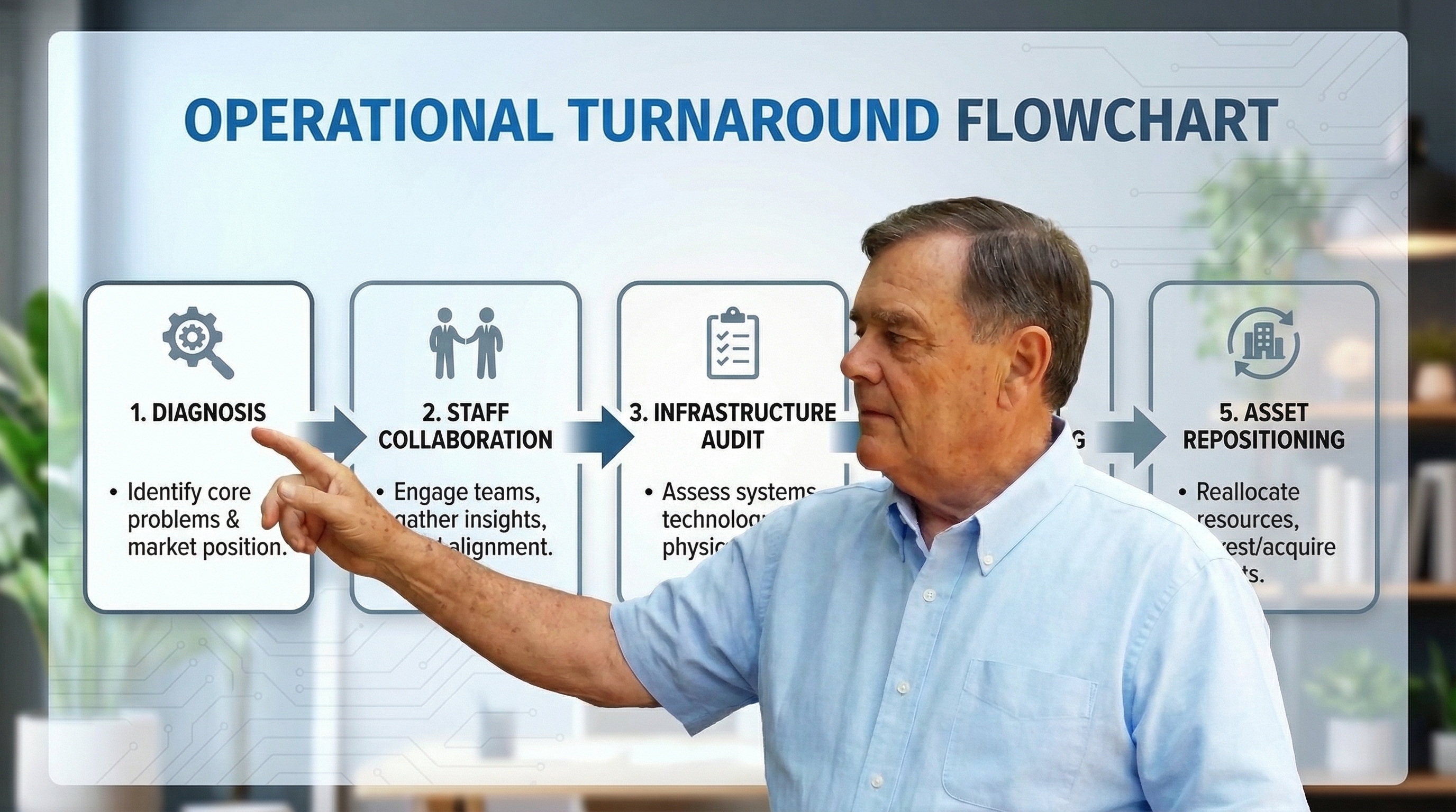 Operational Flowchart A 5-step turnaround process Diagnosis, Staff Collaboration, Infrastructure Audit, Financial Restructuring, and Asset Repositioning