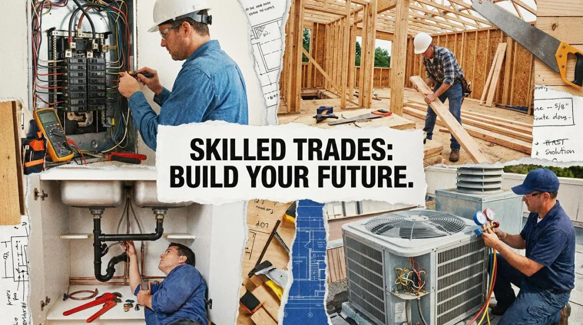 A collage representing various skilled trades, including electrical work, plumbing, carpentry, and HVAC, to show diverse career options.