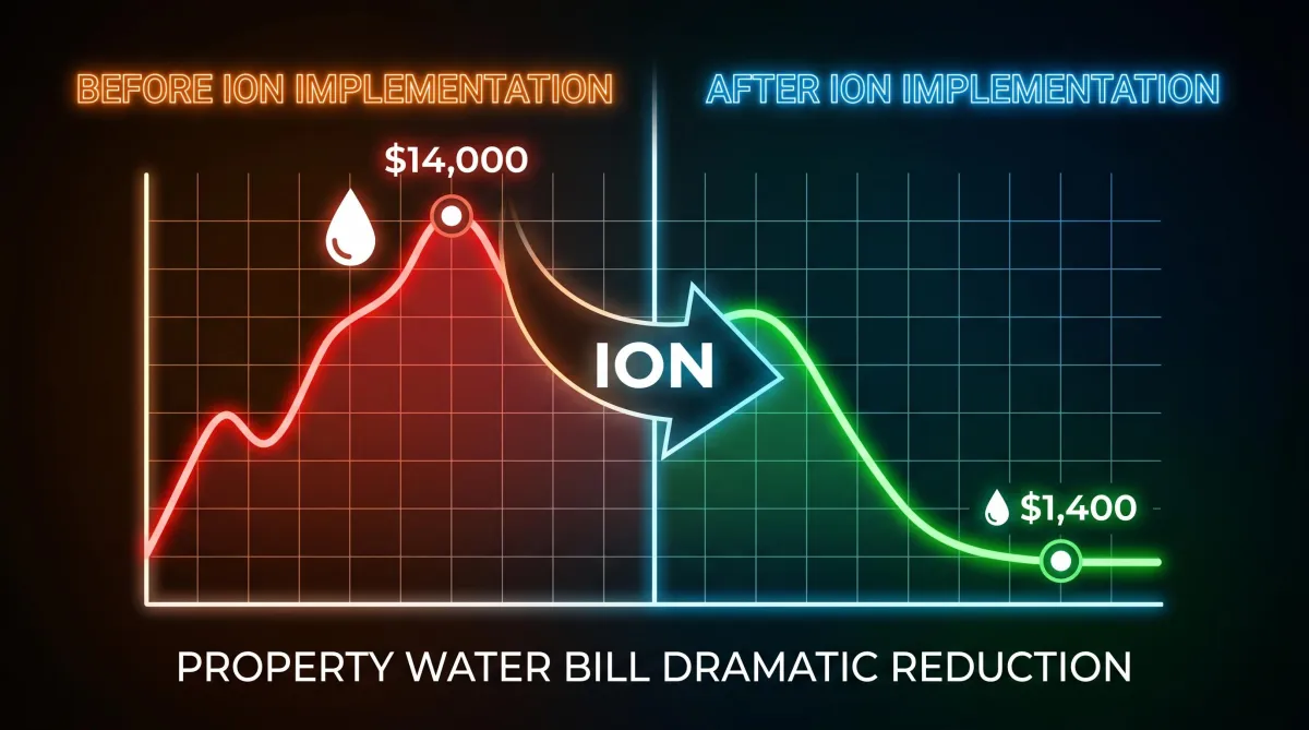 A high-contrast "Before vs. After" line graph showing a property’s water bill dropping from $14,000 to $1,400 after ION implementation