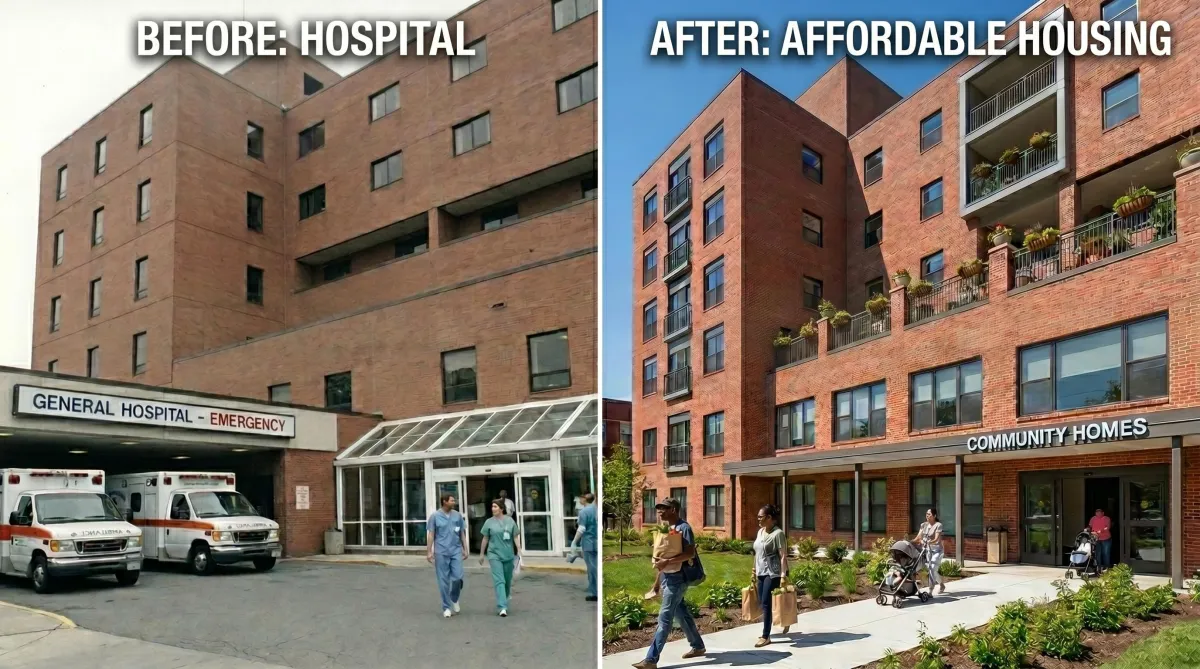 split screen, before and after hospital to affordable housing conversions