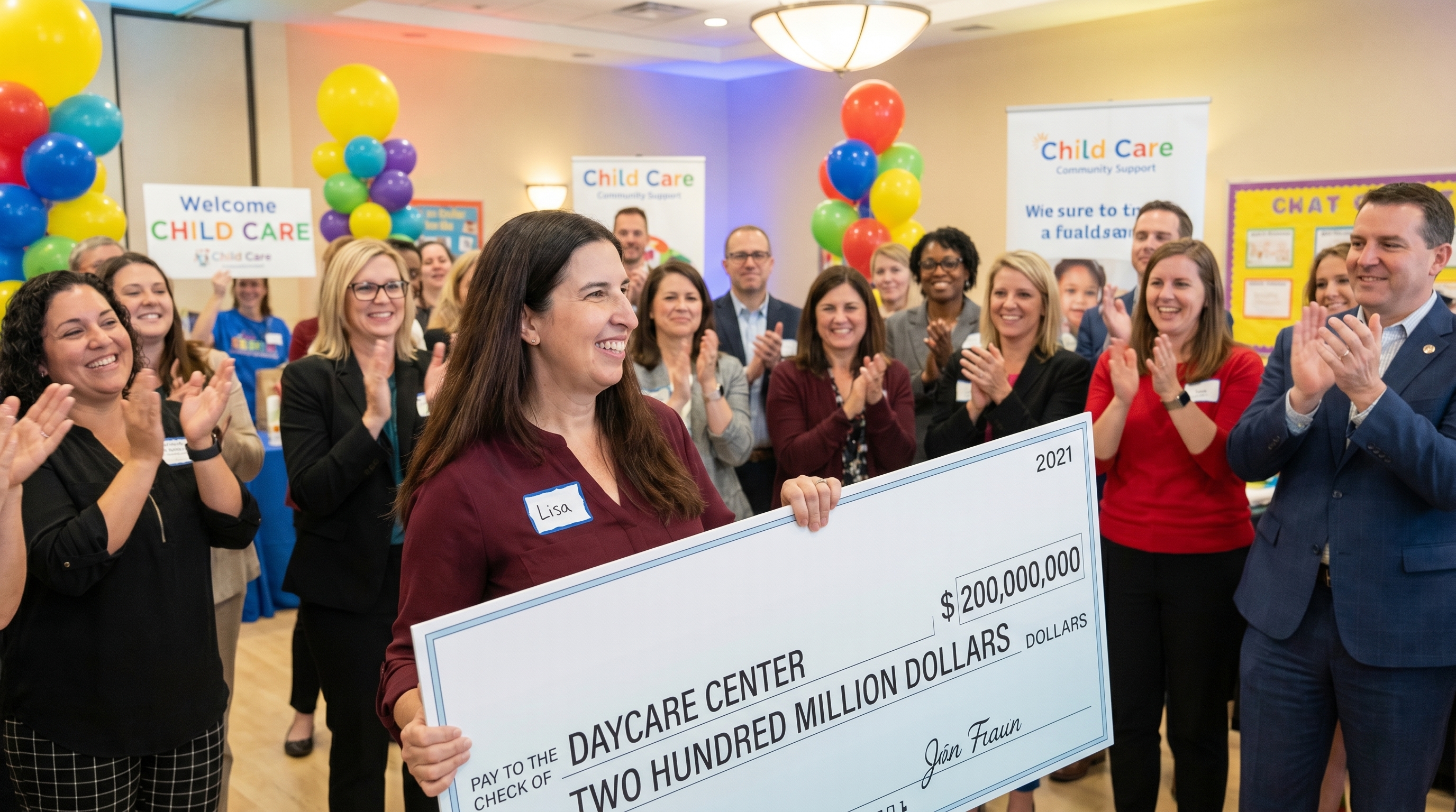 a  professional white woman in her 40s wearing a name tag that says Lisa, side view, holding a large ceremonial donation check of $200,000,000 at a fundraising event ffor daycare center, smiling proudly, supporters and donors clapping around her, bright event lighting, photorealistic, wide shot