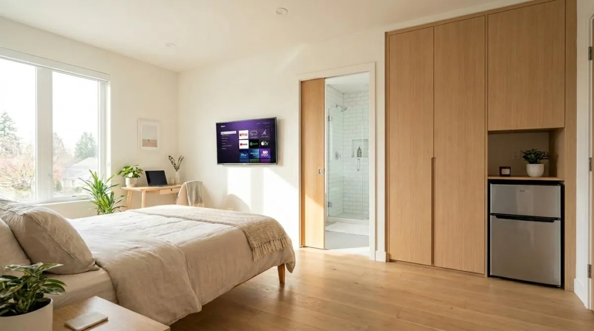co-living bedroom with mini fridge private bathrrom spacious room TV closet etc...