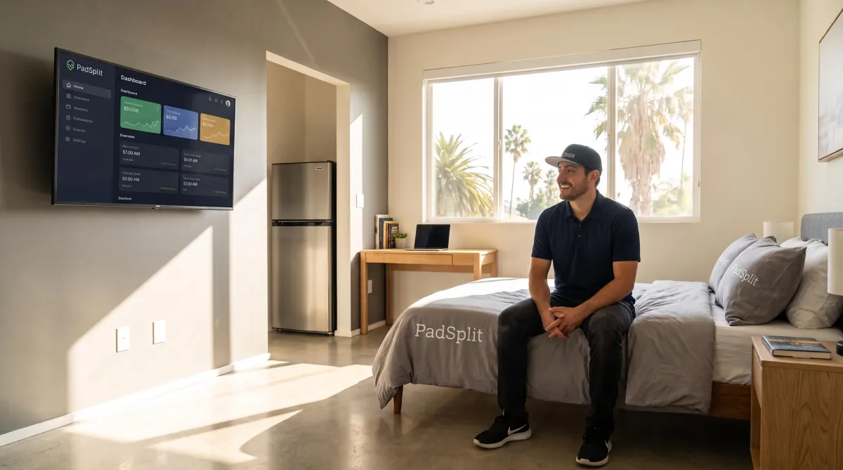 An interior architectural photograph of a high-end, premium co-living bedroom suite located in Los Feliz, Los Angeles. The room features a plush queen bed with minimalist gray bedding, an expansive window showing California palm trees outside, and a sleek accent wall with a large mounted smart television. In a dedicated recessed alcove, a stainless steel mini-refrigerator sits next to a light oak desk. Bright, natural California sunshine floods the space, casting long shadows across polished concrete floors. Photorealistic, warm contemporary aesthetic.