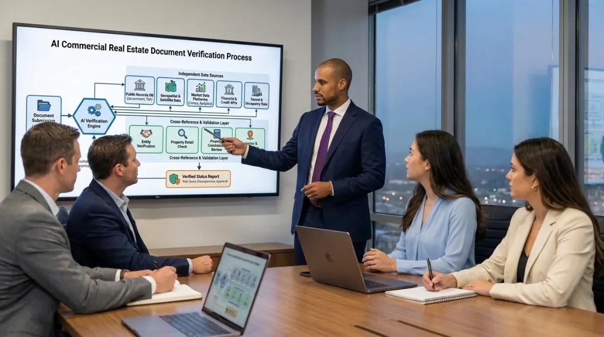 Flowchart illustrating how AI verifies commercial real estate documents using multiple independent data sources.