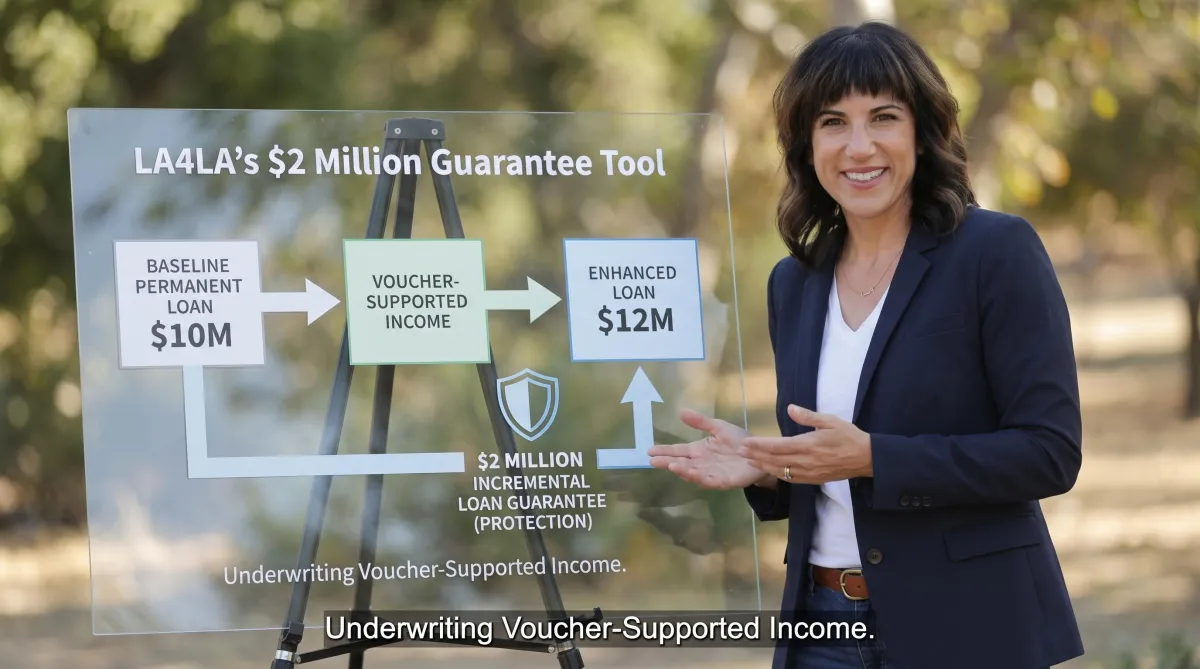 Jenna (uploaded image) showing a conceptual diagram illustrating LA4LA's $2 million guarantee tool sample: moving from a $10 million baseline permanent loan up to $12 million by underwriting voucher-supported income, with the $2 million incremental loan guarantee protecting the additional debt.