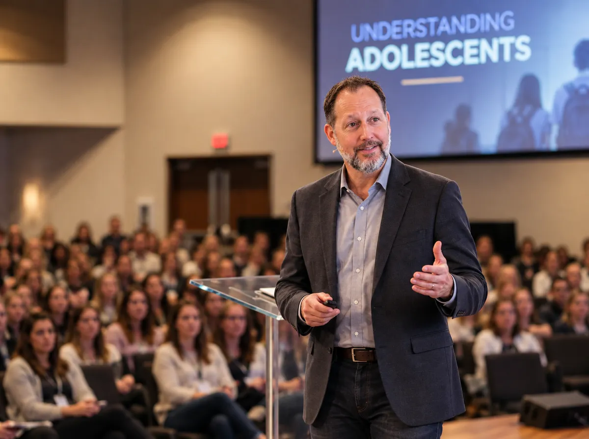 Kent Toussaint delivering keynote on adolescent communication and teen mental health