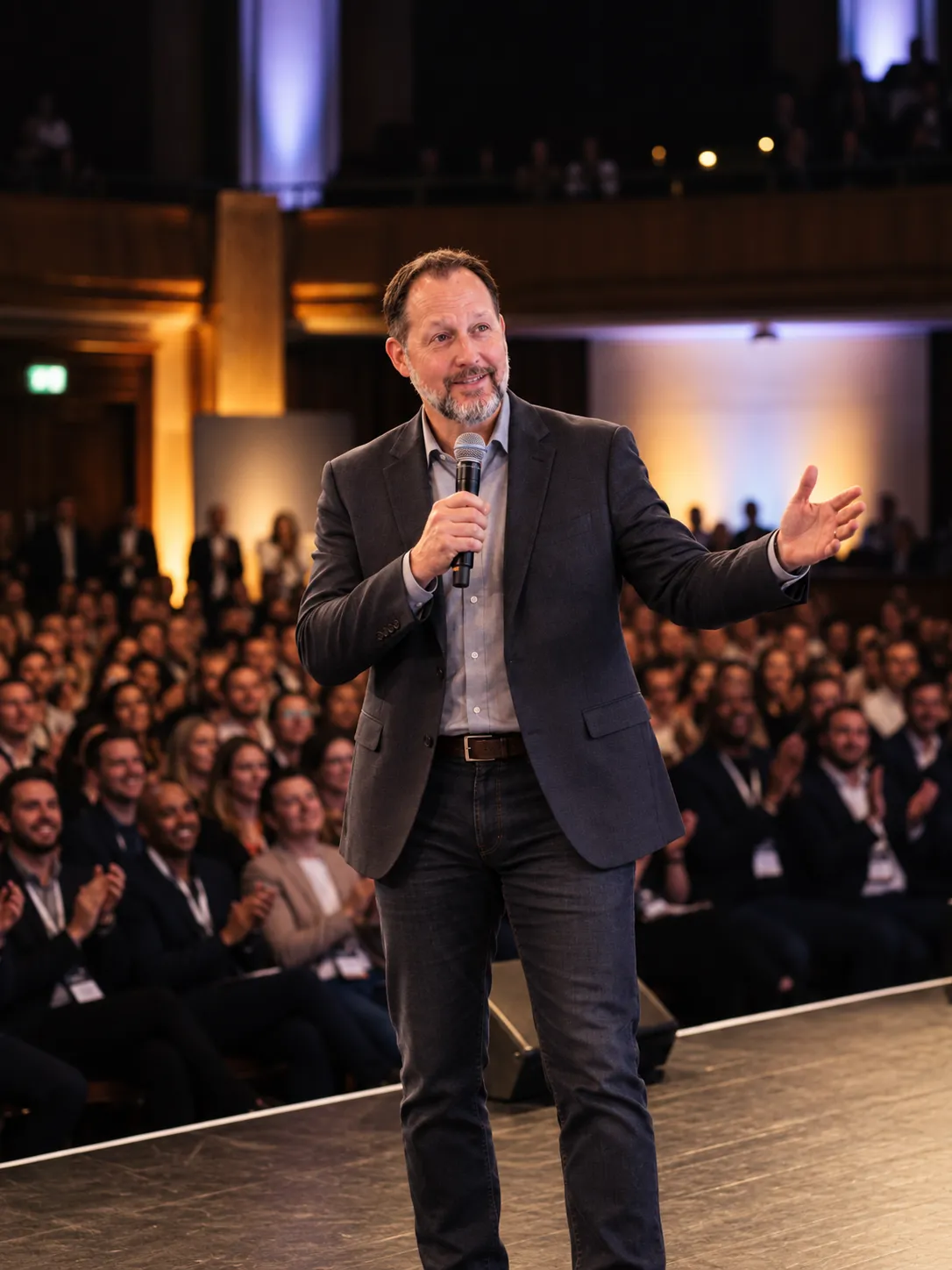 Kent Toussaint speaking dynamically to an engaged audience on stage