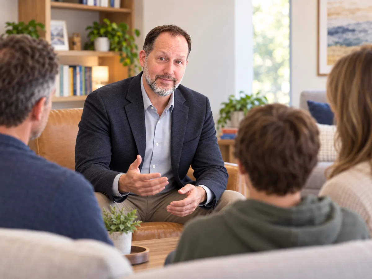 Kent Toussaint speaking to a group of teen boys