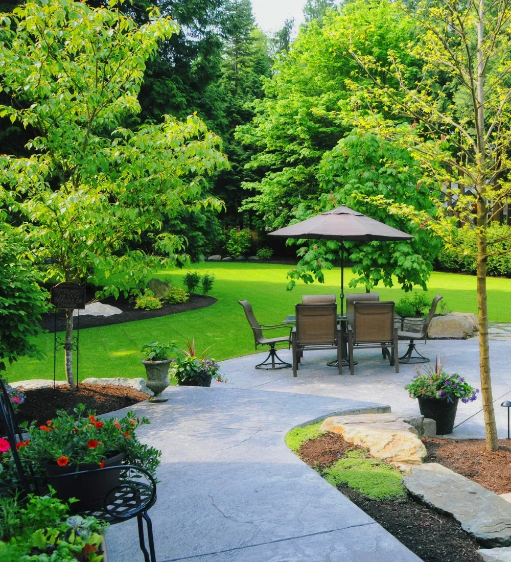Green lawn in a concrete path and a square shrub with trees in Lititz, PA
