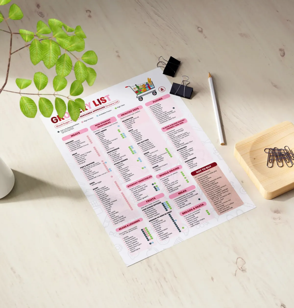 Preview of Sekkareh Grocery List Template showing Jessica's blood-sugar-friendly items