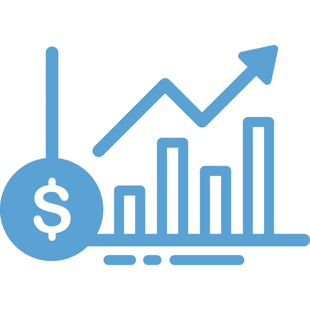 Icon illustrating an upward trending chart with an arrow and a money symbol, indicating financial growth.