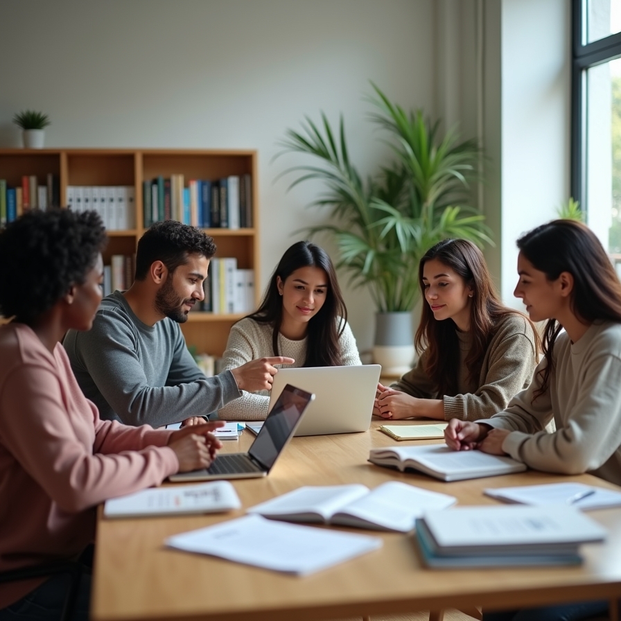 A vibrant, modern illustration of a diverse group of university students collaborating at a large table, surrounded by books, laptops, and academic materials, set in a bright, contemporary study space with large windows and subtle academic motifs. The scene conveys teamwork, focus, and academic ambition in a professional, welcoming environment.