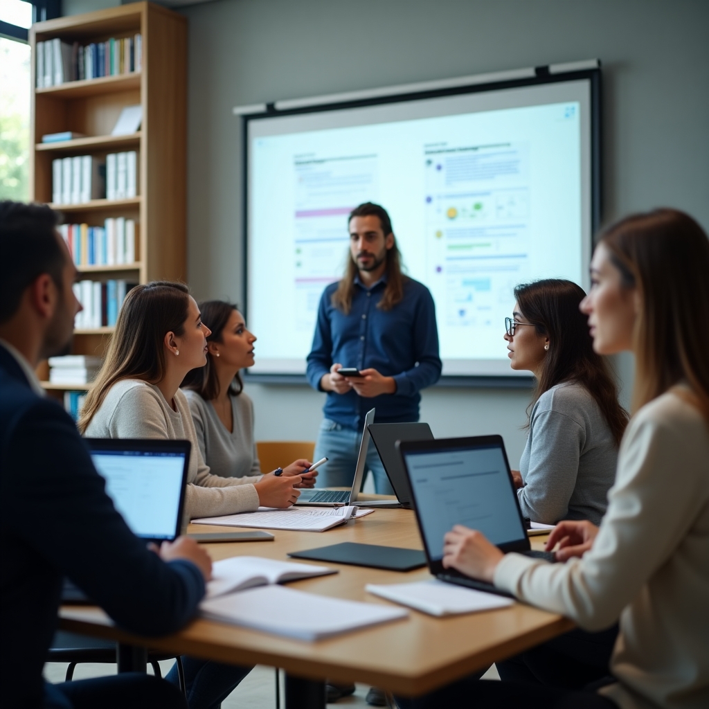 A diverse group of university students collaborate in a modern study space with AI-generated thesis diagrams.